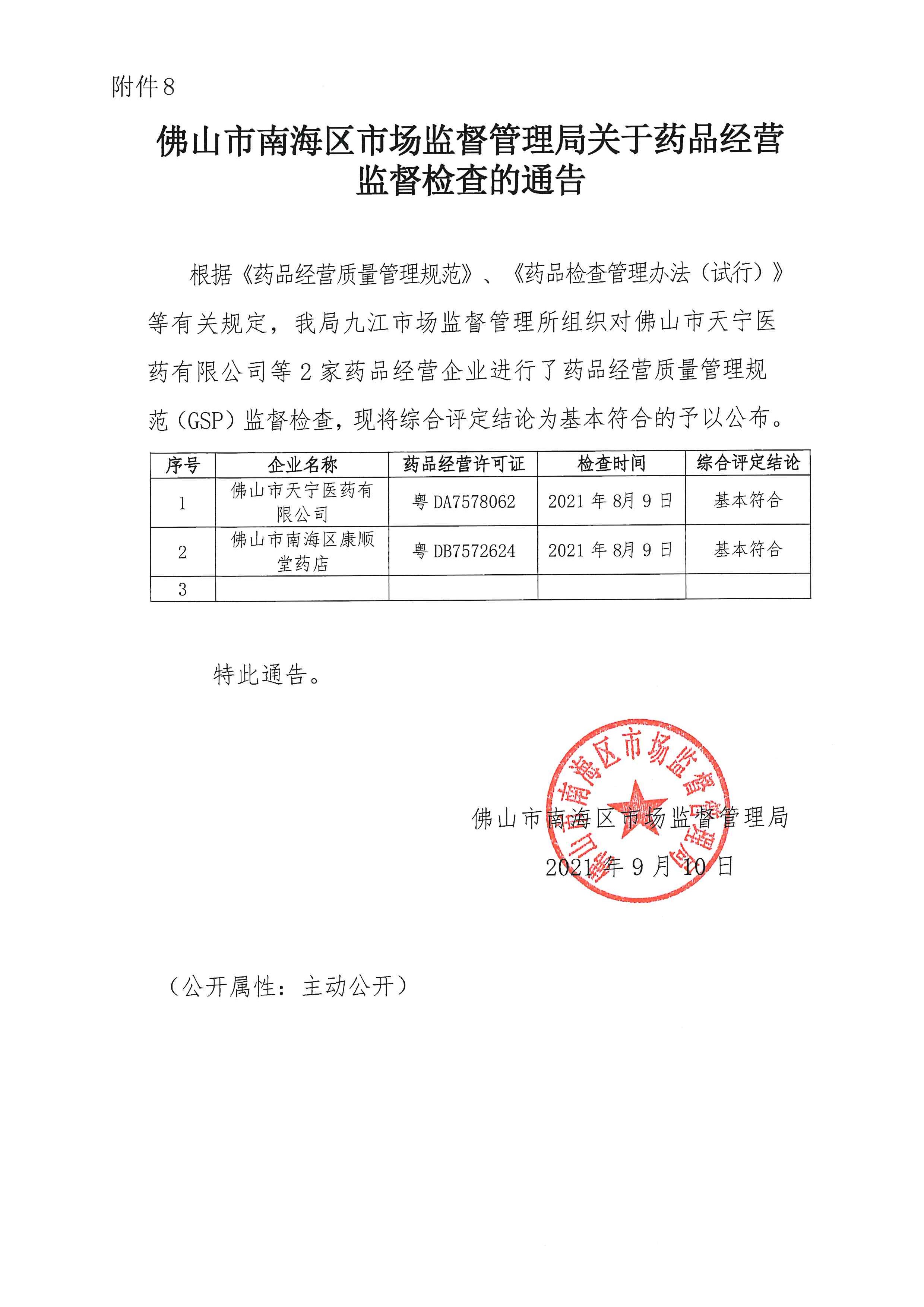 佛山市南海區(qū)市場監(jiān)督管理局關(guān)于藥品經(jīng)營監(jiān)督檢查的通告（九江）.jpg