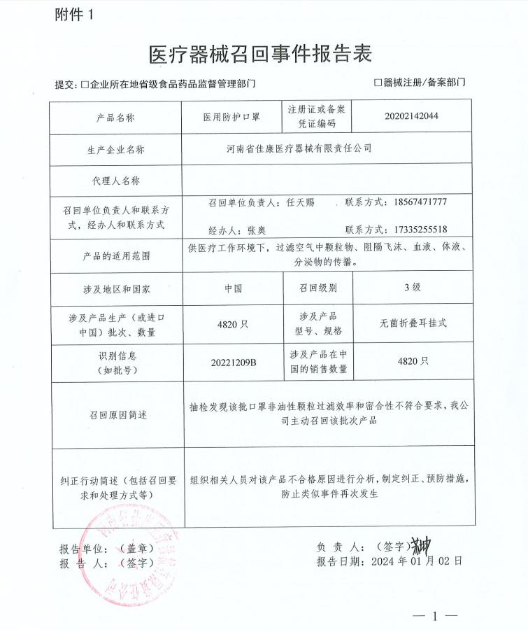 河南省佳康醫(yī)療器械有限責(zé)任公司對醫(yī)用防護口罩主動召回
